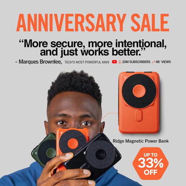 This ad features a testimonial from Marques Brownlee, praising the Ridge Magnetic Power Bank for being secure, intention