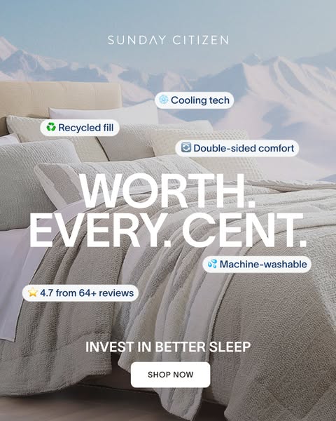 This is an image ad for Sunday Citizen bedding products. The ad promotes the product's softness and comfort, as well