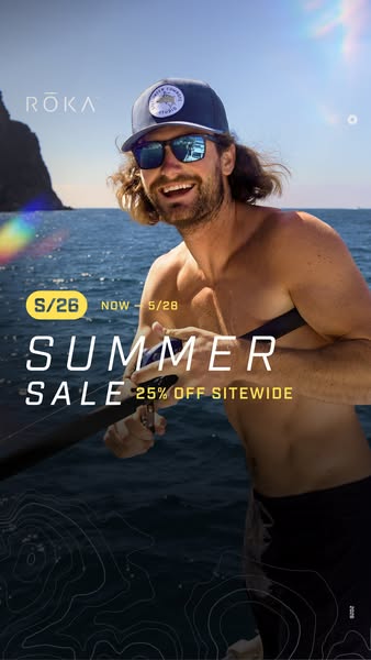 This image ad promotes a summer sale from ROKA. It features a smiling man on the water wearing a ROKA hat and sunglasses