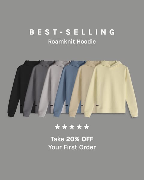 This ad showcases the Roamknit Hoodie in various colors and offers a 20% discount on the first order.