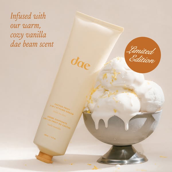 This image ad showcases dae's Cactus Fruit 3-in-1 Styling Cream, emphasizing its warm vanilla 'dae beam' sce