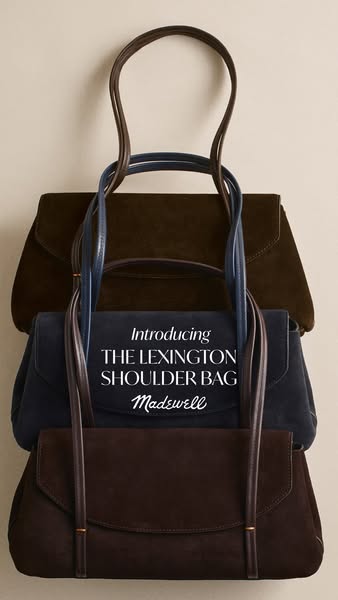 This ad showcases the Lexington Shoulder Bag from Madewell. Three bags in different colors are stacked on top of each ot