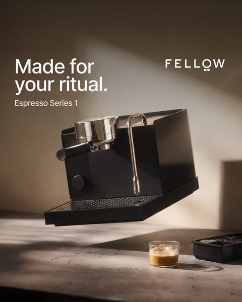 This ad features the Fellow Espresso Series 1 in an aesthetically pleasing shot that highlights its design and promotes 