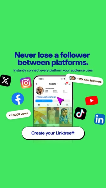 This ad for Linktree shows the problem of losing followers between social media platforms and that Linktree is a solutio