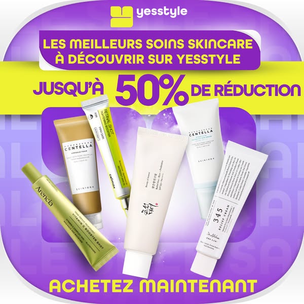 An ad for YesStyle featuring a variety of skincare products with a discount offer. The image highlights several products