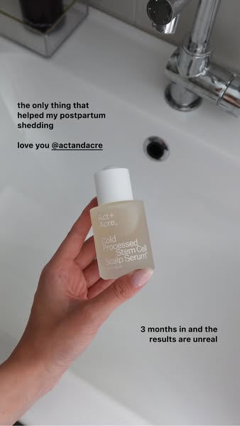 This ad features a customer testimonial for Act+Acre's Cold Processed Stem Cell Scalp Serum. The customer states tha