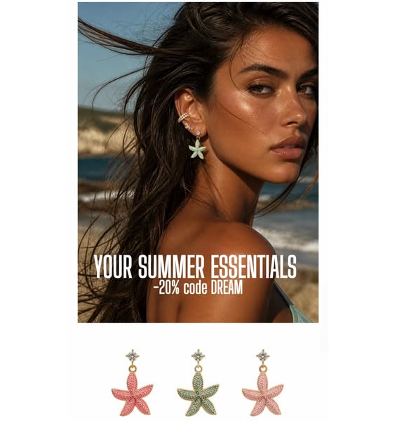 This ad for earrings uses a lifestyle shot of a person wearing the earrings as well as a few product shots. The ad is me