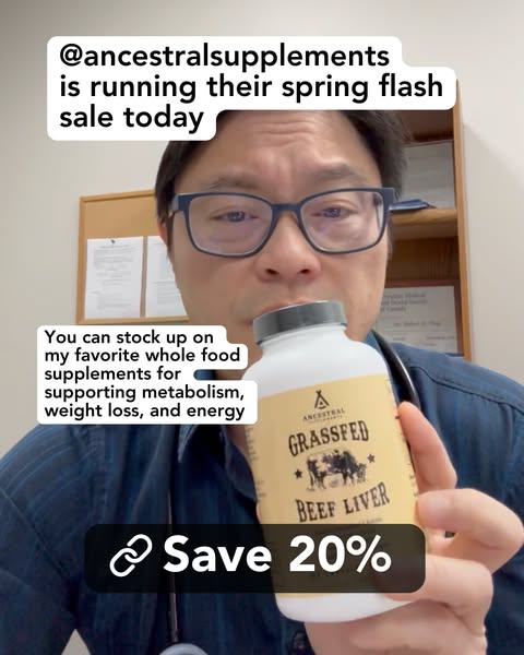 The ad promotes Ancestral Supplements' grassfed beef liver supplement. An expert, possibly a doctor based on his app