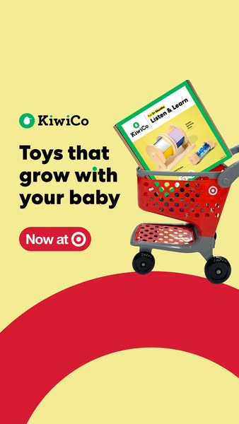 This ad promotes KiwiCo toys. A toy from KiwiCo sits in a shopping cart, next to text that says, "Toys that grow wi