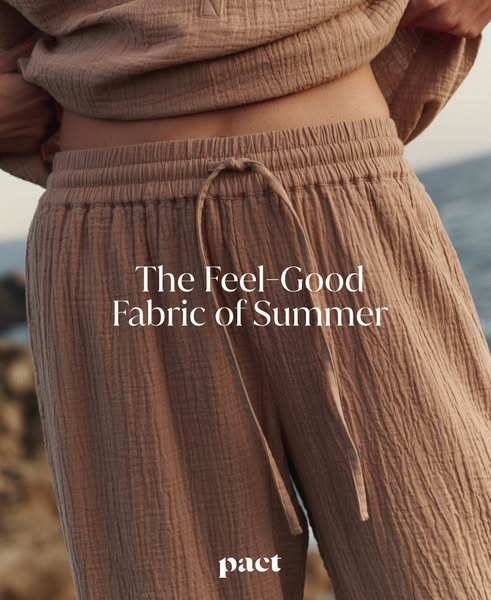 This image ad for Pact promotes their clothing made of 'feel-good fabric'. The ad shows a close up of a model we