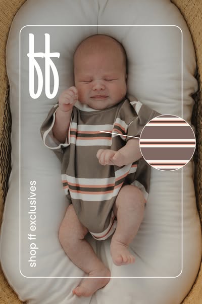 This ad showcases a baby wearing a striped shirt and lying on a white cushion. The ad aims to draw attention to the prod