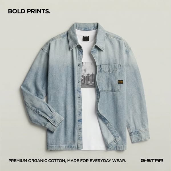 This ad showcases G-Star apparel, highlighting a long-sleeved button up shirt in a light wash over a graphic tee, emphas