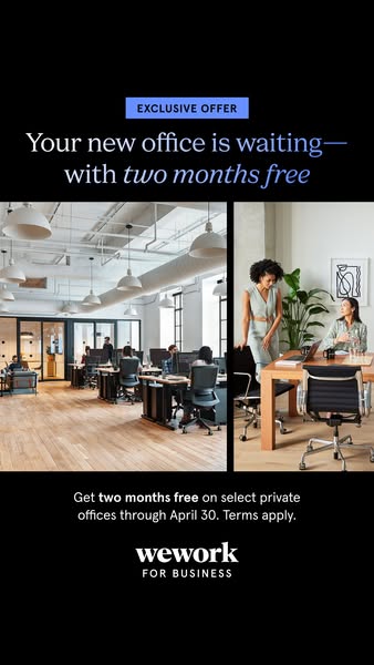 This ad promotes WeWork, a company offering flexible workspace solutions, with an offer of two months free on select pri