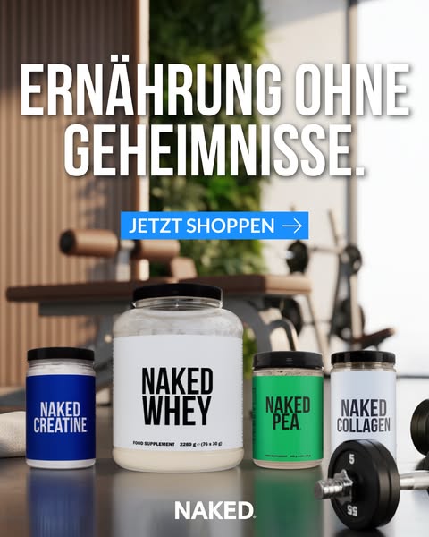 This ad showcases a variety of Naked Nutrition protein and supplement products, emphasizing the brand's commitment t