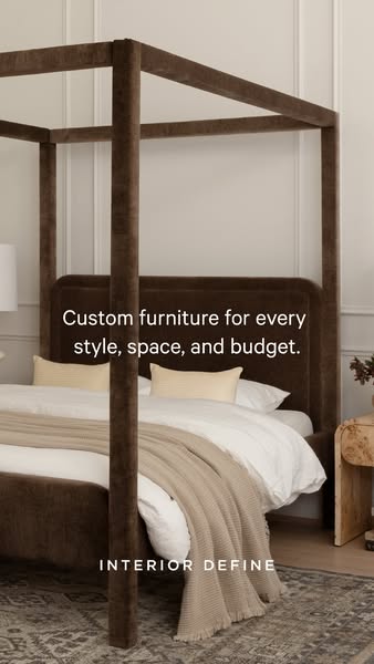 This image ad for Interior Define features a bedroom set with a brown canopy bed. The ad highlights the brand's abil