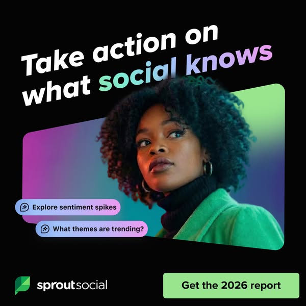 An image ad for Sprout Social showing a woman in front of a purple and green background. The ad encourages the viewer to