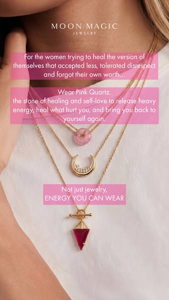 Image ad for Moon Magic Jewelry featuring a close up of a woman wearing three of their necklaces, with pink boxes highli
