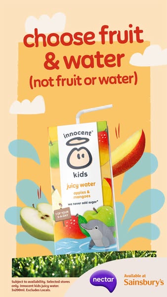 This ad promotes Innocent Kids Juicy Water. It emphasizes that it is made with fruit and water, but is not just fruit or