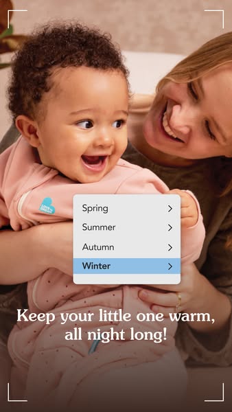 This image ad for Love to Dream features a baby being held by an adult, with a dropdown menu overlayed on the image that