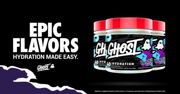 This ad showcases the Ghost Hydration x Welch's Grape sports drink powder. The ad uses minimal text and a product-fo