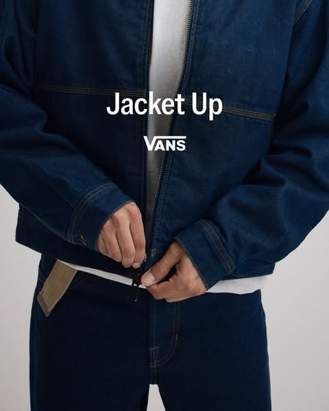 This ad showcases a denim jacket from Vans, emphasizing its style and versatility. The ad features a person zipping up t