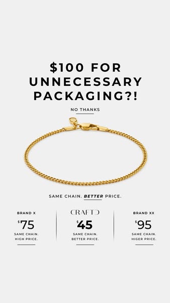 The ad uses a comparison format to showcase a gold chain bracelet from Craftd. It highlights the higher prices of simila