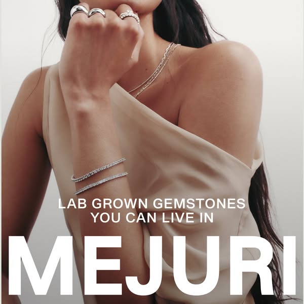 This image ad highlights Mejuri's line of lab-grown gemstone jewelry, specifically rings, bracelets, and necklaces. 