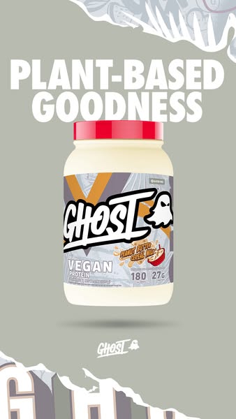 The ad showcases Ghost Vegan Protein, emphasizing its plant-based composition and appealing peanut butter cereal milk fl