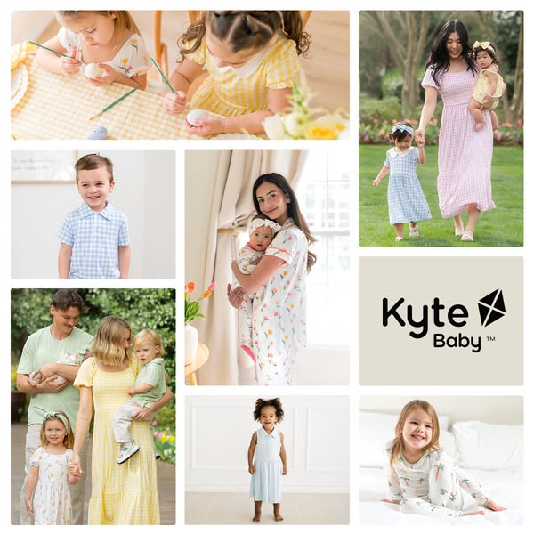 This ad for Kyte Baby features a collage of images showing children and adults dressed in clothing with a variety of pas