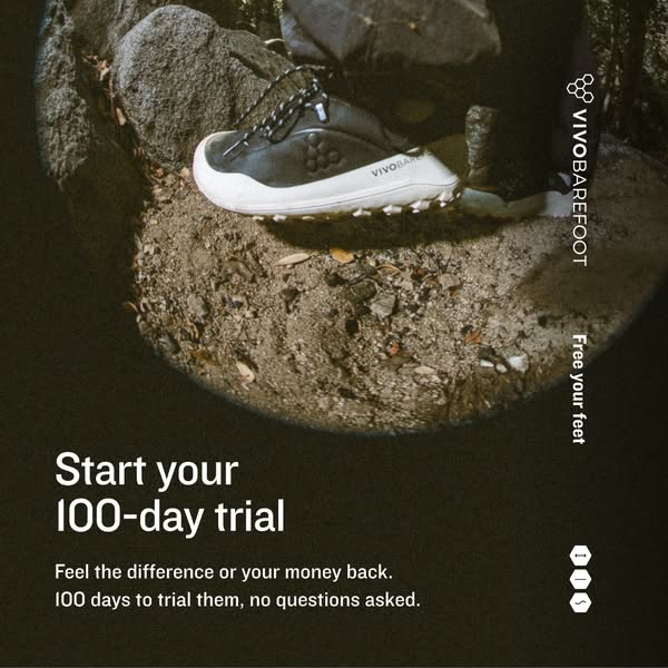 This image ad promotes a 100-day trial for Vivo Barefoot shoes, emphasizing the ability to feel the difference or get yo