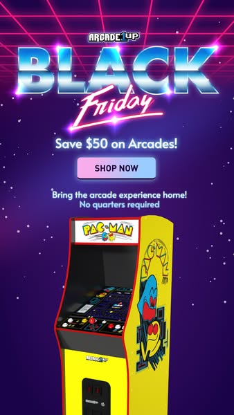 This ad promotes Arcade1Up's Black Friday sale, offering a $50 discount on arcade machines. The ad features a retro-