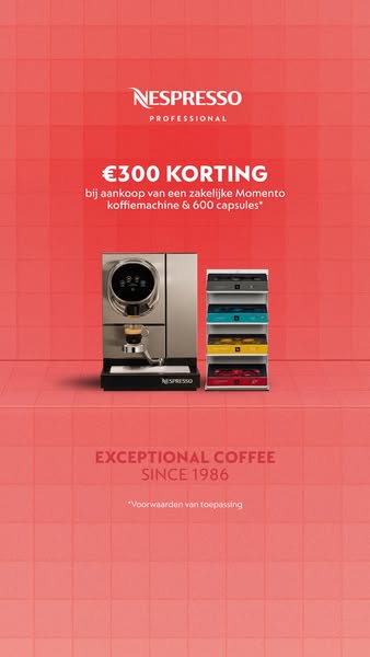 This vertical image ad promotes Nespresso Professional coffee machines, highlighting a discount of €300 on the Momento m