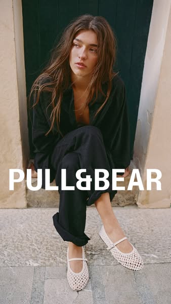 This ad features a woman seated wearing shoes and apparel from Pull&Bear. The brand's name is featured prominent