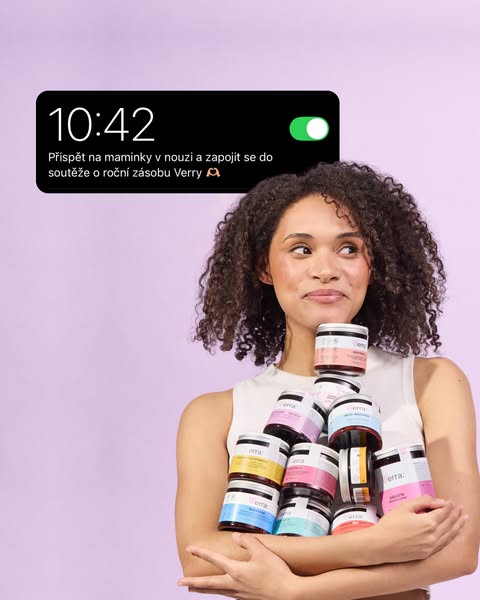 This image ad features a woman holding a stack of Erra skincare products while a notification from the brand appears abo