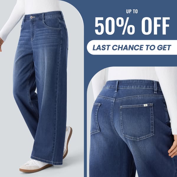 An image ad for jeans. The ad features a model wearing the jeans and promotes a sale of up to 50% off.