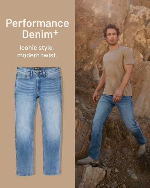 This ad showcases a pair of DUER jeans, highlighting their performance denim and modern style. The ad features a split l