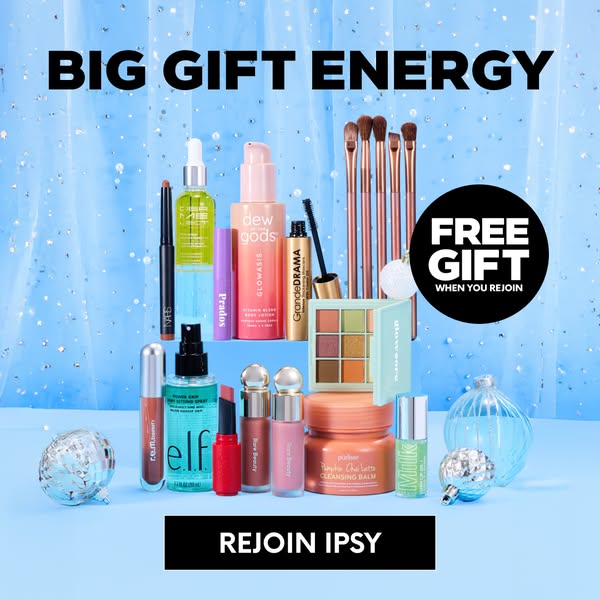 This image ad for Ipsy features a variety of beauty products and promotes rejoining Ipsy to receive a free gift. The ad 