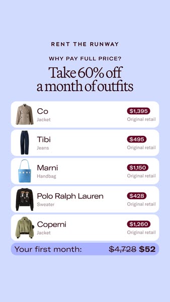 This ad for Rent the Runway promotes their clothing rental service by showing a list of designer clothing items that can