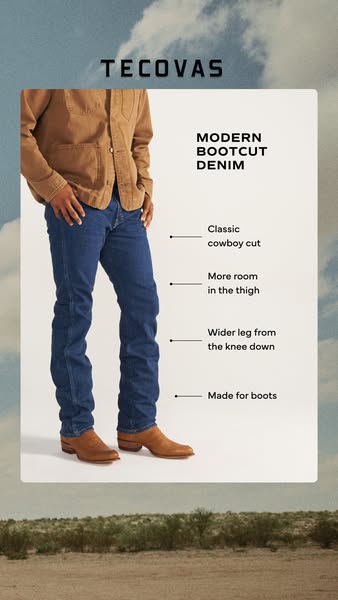 This image ad for Tecovas promotes their modern bootcut denim jeans. The ad highlights the jeans' classic cowboy cut
