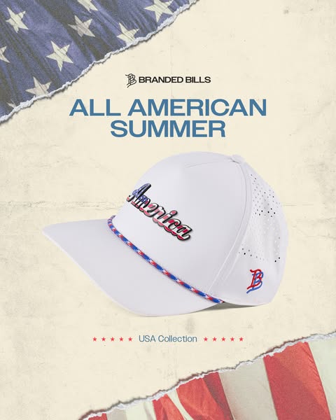 The ad showcases a white baseball cap from Branded Bills' USA Collection, emphasizing an 'All American Summer