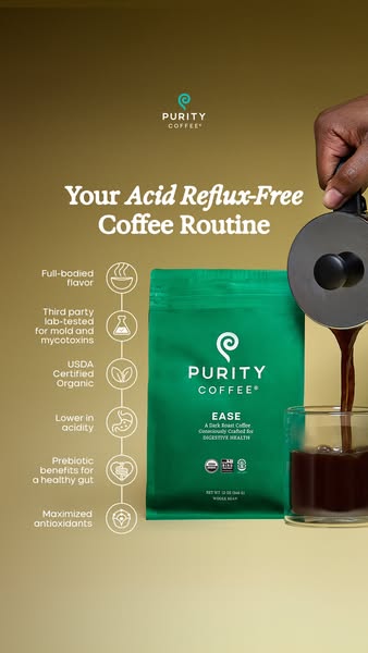 This image ad for Purity Coffee highlights the benefits of drinking their coffee, particularly for those with acid reflu