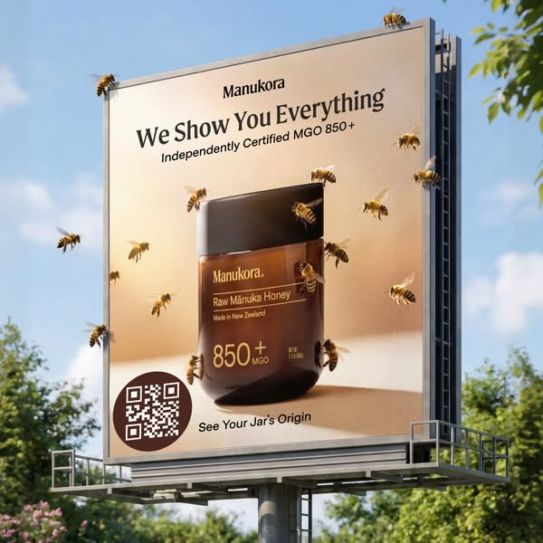 A Manukora billboard ad with bees flying around the jar.