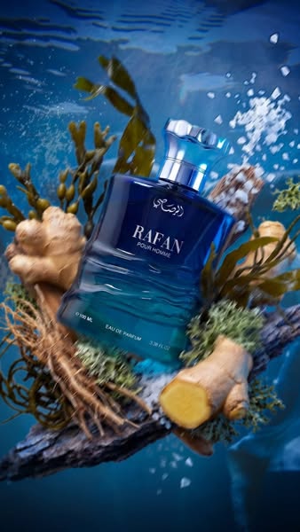 This ad features a bottle of Rafan Pour Homme fragrance submerged underwater amongst seaweed and ginger. The aesthetic i