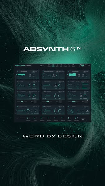 This ad showcases the Absynth 6 software synthesizer, highlighting its unique design and capabilities for sound creation