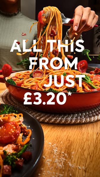This ad features a close-up shot of a pot of spaghetti with tomatoes and broccoli, with a fork holding up a portion of t