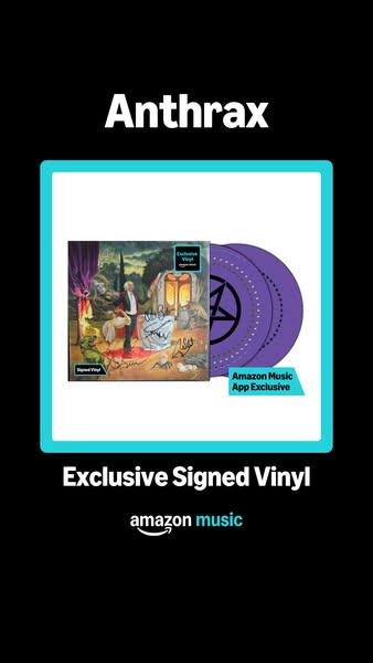 This ad promotes an exclusive signed vinyl record of the band Anthrax via Amazon Music App.