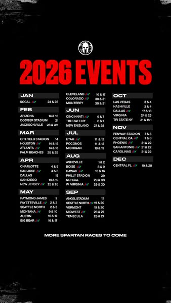 This ad shows a list of upcoming 2026 Spartan Race events. It is organized by month.