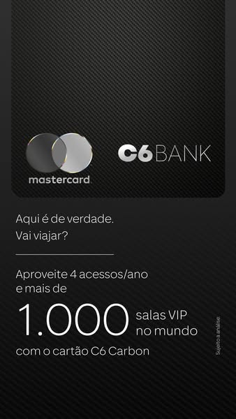 This ad promotes the C6 Bank Carbon credit card, highlighting its travel benefits, specifically access to over 1,000 VIP