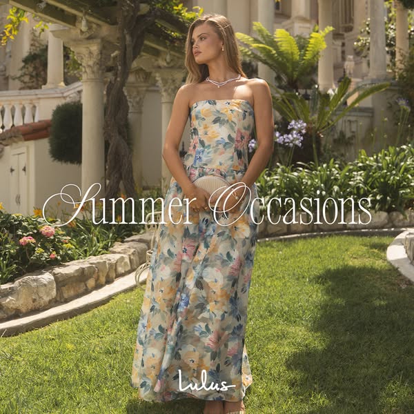 This ad features a woman posing in a floral print dress in a garden setting, promoting LuLu's summer occasion wear.