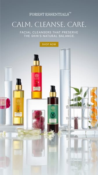 Ad for Forest Essentials facial cleansers. The image features a variety of the brand's facial cleanser products arra